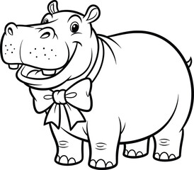 Fototapeta premium Happy cartoon hippo wearing a large bow tie ready for coloring fun