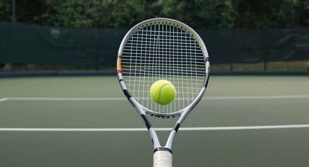 Close-up of a Tennis Racquet and Ball on Court