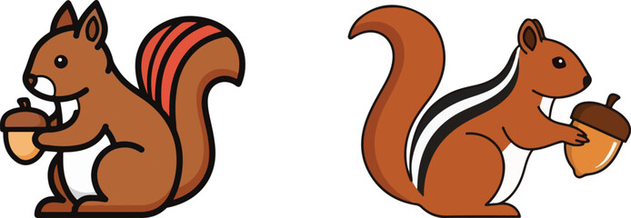 Simple vector illustration of two brown squirrels holding acorns on white.