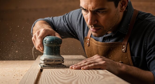 A focused craftsman sanding a wooden plank with an electric sander in his workshop. Woodworking, manual labor, and skilled craft concept
