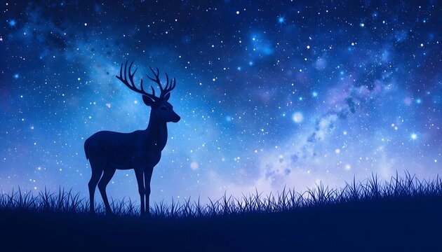 deer silhouette on hill under starry night sky mystical blue galaxy landscape