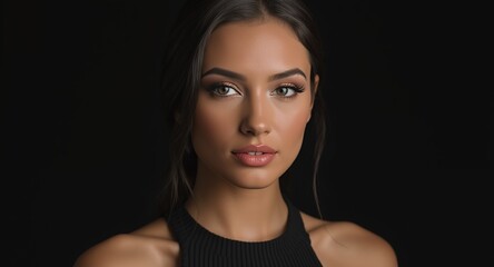 Close-up portrait of a beautiful woman with flawless skin and striking eyes, styled with elegant makeup and dark hair, set against a deep black background.
