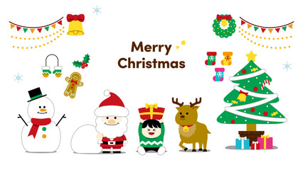 Cute Christmas Illustration Set (Santa, Reindeer, Presents, Tree, Snowman) – with text, transparent background（クリスマスイラスト）