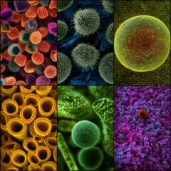 Colorful pollen grains displayed under a microscope with diverse shapes.