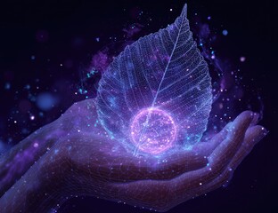 Glowing, ethereal hands cradle a vibrant, multifaceted leaf and orb, emitting purple and blue energy sparks against a dark backdrop