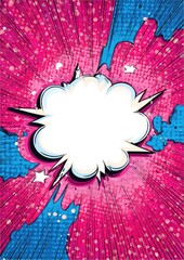A vibrant pink and blue comic book style background featuring a large central speech bubble, radiating lines, and scattered sparkles.