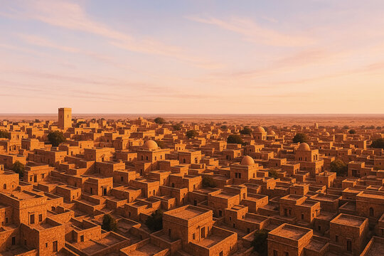 Sunset Over Ancient Clay City: Aerial View of Densely Packed Mud Brick Architecture