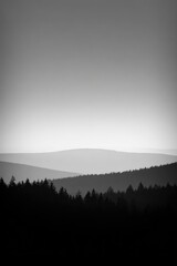 Monochromatic landscape photograph depicting a series of softly-blurred mountain ridges receding into a pale sky; a dark, silhouetted forest occupies the foreground