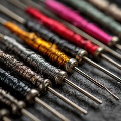 Close-up view of various sewing needles arranged neatly.