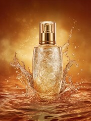 Golden bottle with pump, partially submerged in a liquid, creating a splash, set against a warm, bokeh-filled background
