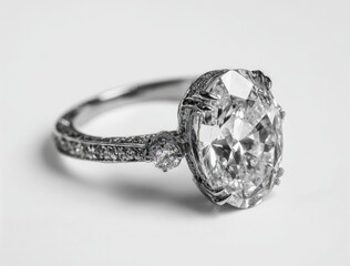 Oval-cut diamond engagement ring in platinum setting, featuring intricate pave detailing on the band and claw prongs, accented by smaller diamonds on the shoulders