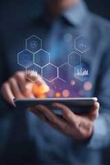 Person interacts with a digital interface on a tablet, showcasing interconnected hexagonal icons representing data analysis, cloud computing, and networking