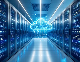 Server room with a digital cloud