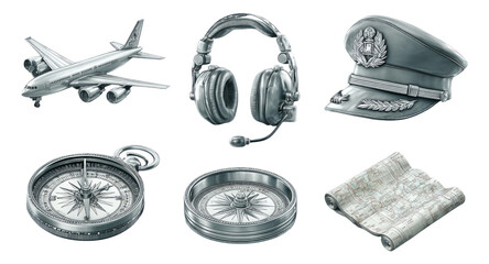 Naklejka premium Detailed Aviation Equipment Collection with Plane, Headset, Compass, and Map