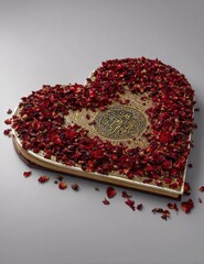 Heart-shaped book adorned with dried red rose petals, featuring an ornate circular design on its cover, resting on a light gray surface.  Petals spill slightly from the edges