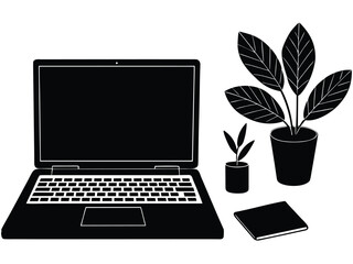 Fototapeta premium Vector art of laptop with plants and notebook