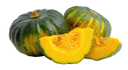 Two whole and sliced pumpkins, vibrant colors