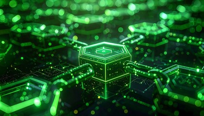 A glowing green central hexagonal blockchain block connected by digital chain links on a dark grid.