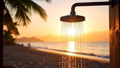 Tropical beach shower at sunset