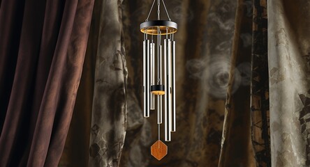 Obraz premium Elegant Metal Wind Chime Hanging Indoors with Soft Lighting and Decorative Drapes