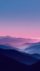 Fototapeta premium Serene, layered mountain range at dawn or dusk, showcasing a gradient of soft pink, purple, and deep blue hues across the sky and hills, with a misty, ethereal quality