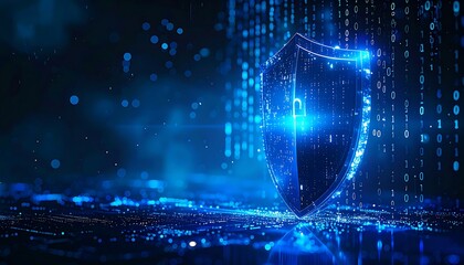 Holographic Security Shield, Abstract Cyber Protection, Binary Code Flow, Digital Defense
