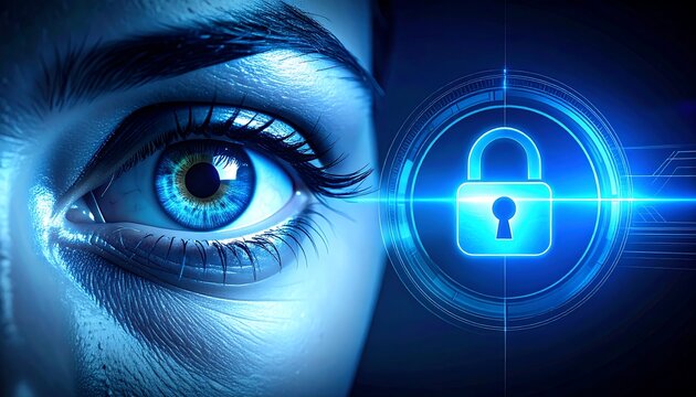 Futuristic cyber-security concept featuring a glowing padlock beside a human eye