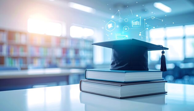 graduation cap rests on an open book with a holographic ring of digital icons representing knowledge and connectivity floating above it in a bright classroom.