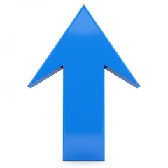 Fototapeta premium A large, three-dimensional blue arrow pointing upwards against a plain white background. The arrow has a glossy finish, enhancing its visibility.