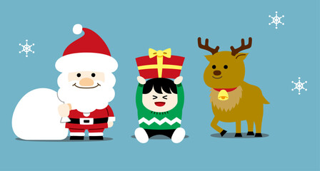 Cute Christmas Illustration (Santa, Reindeer, Presents) – no text, background（クリスマスイラスト）