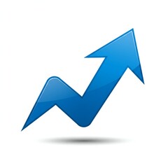 A blue upward arrow with a glossy texture, set against a white background. The arrow has a three-dimensional effect with a soft shadow underneath. The design is sleek and modern, with smooth curves