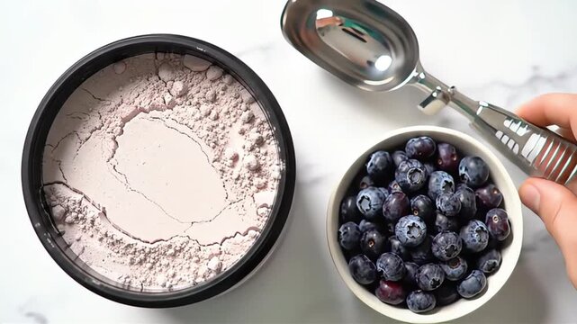 Top Down View of Nutritional Powder Vibrant Blueberries and Metal Scoop on a Clean White Marble Countertop for Healthy Food Prep
