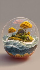 Miniature island scene within a clear glass sphere, featuring yellow trees, mossy rocks, a small beach, and stylized ocean waves; all set against a muted background