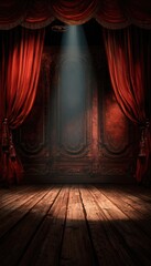 Dark, opulent stage setting with deep red velvet curtains framing a spotlight illuminating ornate, aged walls and a wooden floor
