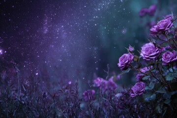 Night garden scene with purple roses blooming under a starry, purple-hued sky; bokeh effect adds a dreamy, magical feel