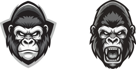 Monochrome Gorilla Mascot Heads Fierce Roaring Vector Art