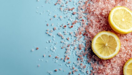 Pink Himalayan salt crystals and lemon slices artfully arranged on a light blue background, creating a vibrant, textured contrast with ample negative space