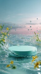 Pastel teal platform in calm water, surrounded by yellow wildflowers & gentle water splash, set against a serene sunset sky