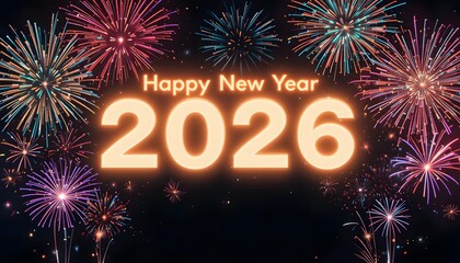 happy new year 2026 glowing typography with colorful fireworks celebration background
