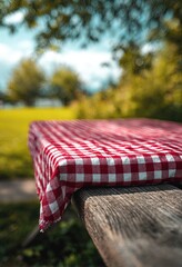 Red and white checkered tablecloth draped over a rustic wooden picnic table outdoors, blurred green foliage in the background suggesting a sunny, idyllic setting