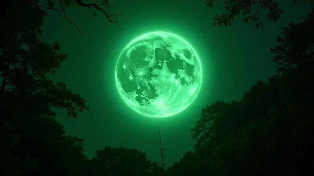 Eerie green moon glowing above the forest canopy at night casting a mystical glow, perfect for fantasy or horror video projects
