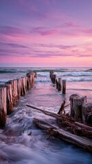 Serene coastal sunset scene featuring weathered wooden pilings partially submerged in gentle, wave-washed sand, driftwood scattered nearby, under a vibrant pink and purple sky