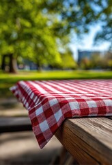Red and white checkered tablecloth on a rustic wooden picnic table outdoors, shallow depth of field blurring a sunny park background