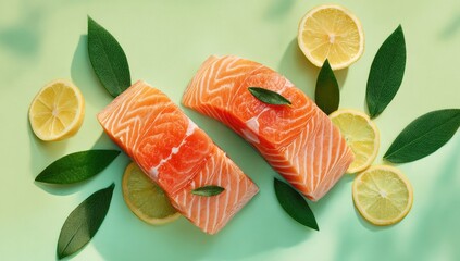 Two salmon fillets, arranged with lemon slices and green leaves on a pale green background, illuminated by sunlight creating shadows