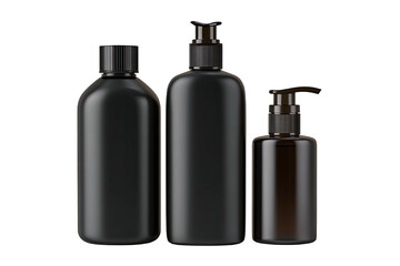Three dark cosmetic bottles, various sizes, pump and cap