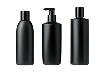 Three black plastic bottles, likely for cosmetics or toiletries
