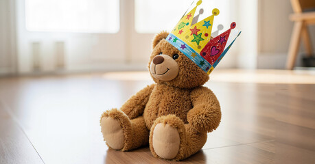 Plush teddy bear wearing a colorful paper crown indoors  