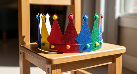 Colorful paper crown askew on children's wooden chair  