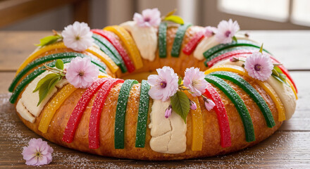 Sweet Three Kings Bread decorated with striped sugar and cherry blossoms  