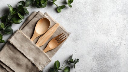 Flatlay of a beige linen napkin holding a wooden spoon, fork, and knife set, decorated with green foliage on a light grey background